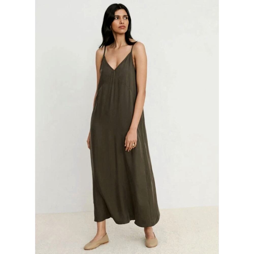 Jenni Kayne S Rio Maxi Slip Dress $345 Silky Cupro Minimalist Vneck Moss Green